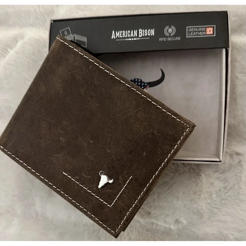 AMERICAN BISON Wallet Genuine Brown Leather RFID Bifold Tin Logo NEW